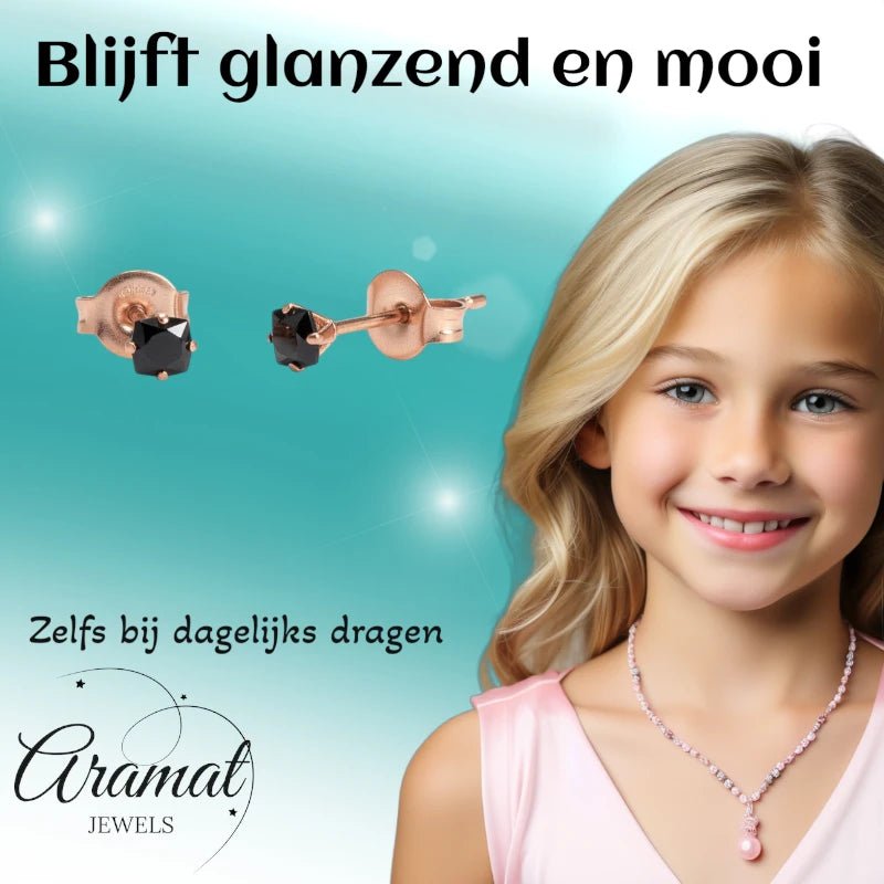 Oorbellen – RVS Roségoudkleur met Zwarte Vierkante Zirkonia (3mm) - Aramat Jewels - Oorbellen - cadeautip