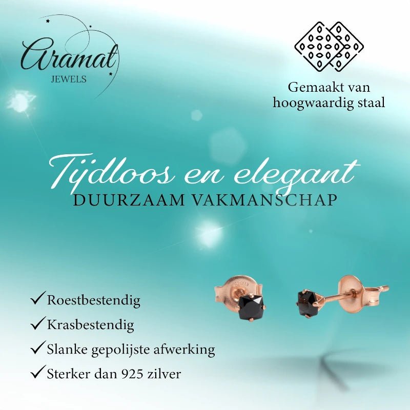 Oorbellen – RVS Roségoudkleur met Zwarte Vierkante Zirkonia (3mm) - Aramat Jewels - Oorbellen - cadeautip