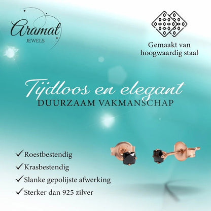 Oorbellen – RVS Roségoudkleur met Zwarte Vierkante Zirkonia (3mm) - Aramat Jewels - Oorbellen - cadeautip