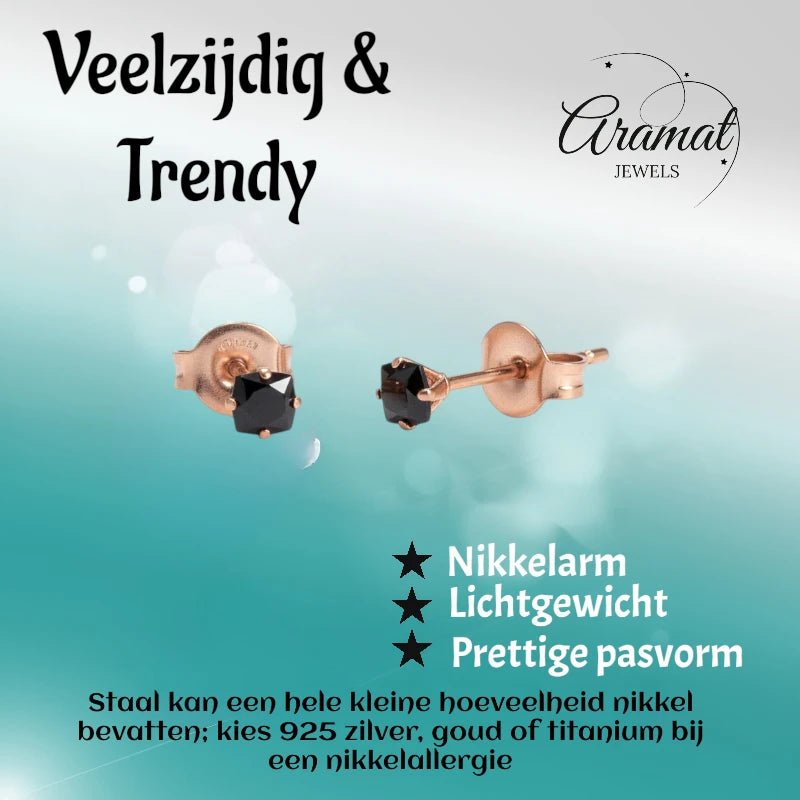 Oorbellen – RVS Roségoudkleur met Zwarte Vierkante Zirkonia (3mm) - Aramat Jewels - Oorbellen - cadeautip