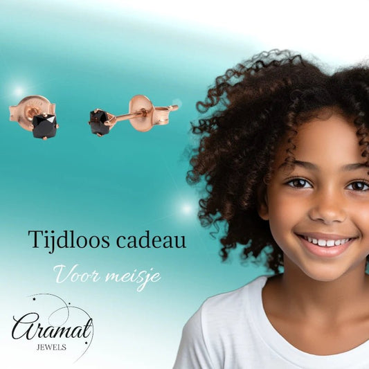 Oorbellen – RVS Roségoudkleur met Zwarte Vierkante Zirkonia (3mm) - Aramat Jewels - Oorbellen - cadeautip