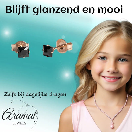 Oorbellen – RVS Roségoudkleur met Zwarte Vierkante Zirkonia (4mm) - Aramat Jewels - Oorbellen - cadeautip