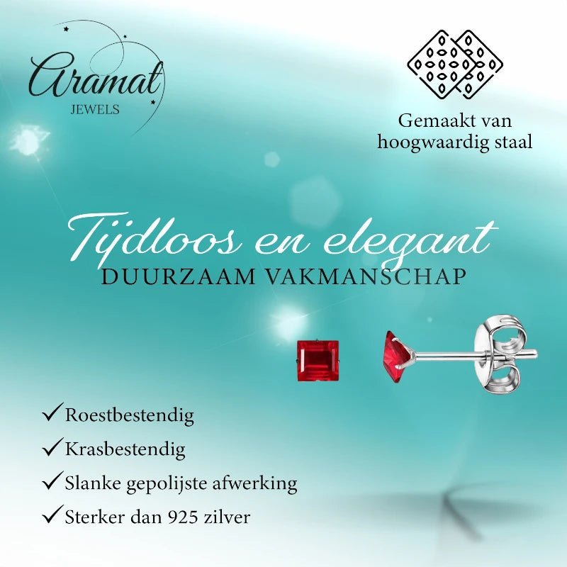 Oorbellen – RVS Zilverkleur met Rode Vierkante Zirkonia (3mm) - Aramat Jewels - Oorbellen - cadeautip
