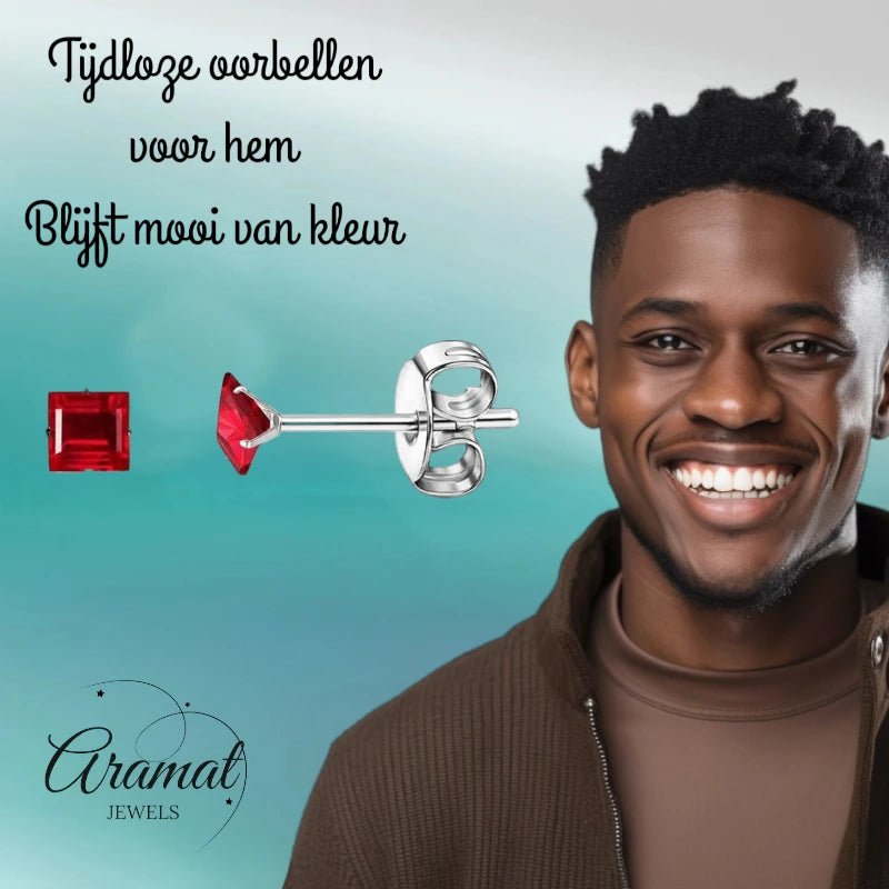 Oorbellen – RVS Zilverkleur met Rode Vierkante Zirkonia (3mm) - Aramat Jewels - Oorbellen - cadeautip