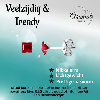 Oorbellen – RVS Zilverkleur met Rode Vierkante Zirkonia (4mm) - Aramat Jewels - Oorbellen - cadeautip