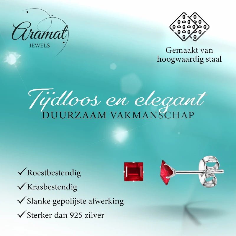 Oorbellen – RVS Zilverkleur met Rode Vierkante Zirkonia (4mm) - Aramat Jewels - Oorbellen - cadeautip