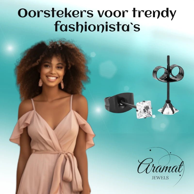 Oorbellen – RVS Zwartkleur met Vierkante Zirkonia (3mm) - Aramat Jewels - Oorbellen - cadeautip