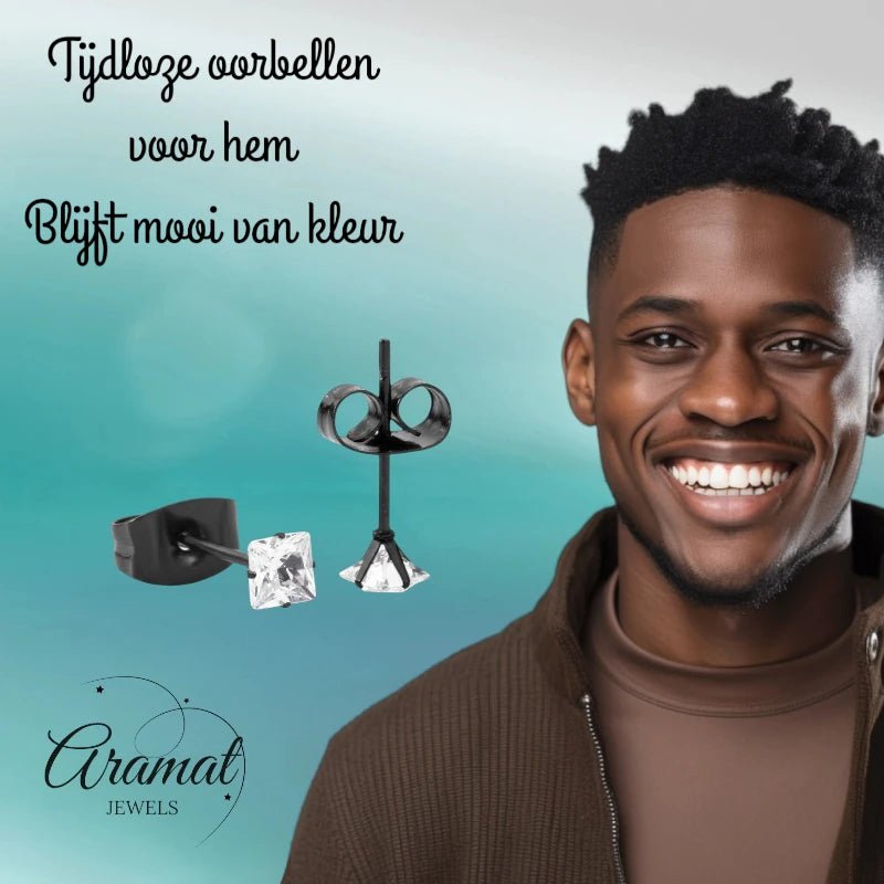 Oorbellen – RVS Zwartkleur met Vierkante Zirkonia (3mm) - Aramat Jewels - Oorbellen - cadeautip