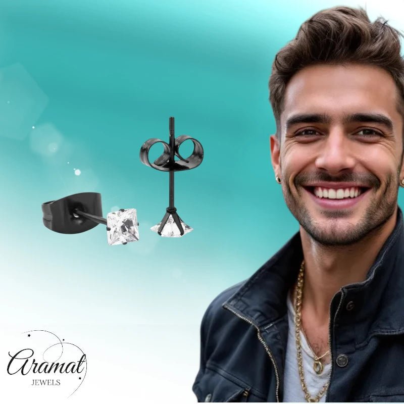 Oorbellen – RVS Zwartkleur met Vierkante Zirkonia (3mm) - Aramat Jewels - Oorbellen - cadeautip