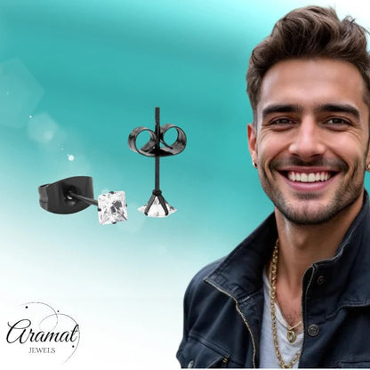 Oorbellen – RVS Zwartkleur met Vierkante Zirkonia (3mm) - Aramat Jewels - Oorbellen - cadeautip