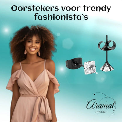 Oorbellen – RVS Zwartkleur met Vierkante Zirkonia (4mm) - Aramat Jewels - Oorbellen - cadeautip