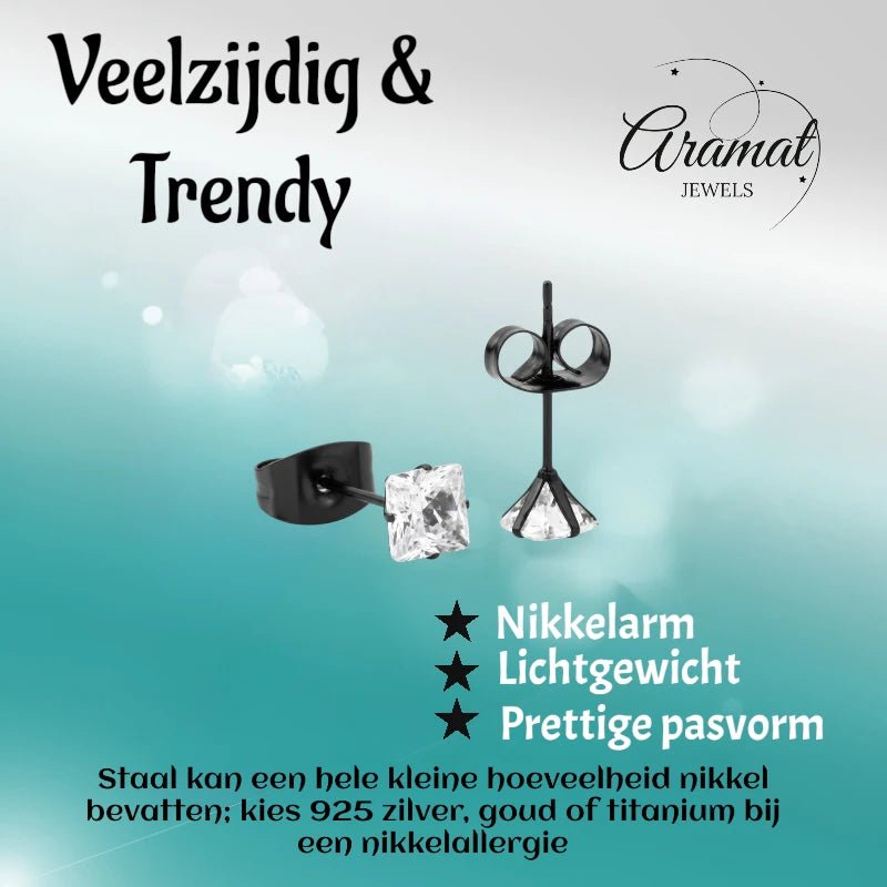 Oorbellen – RVS Zwartkleur met Vierkante Zirkonia (4mm) - Aramat Jewels - Oorbellen - cadeautip