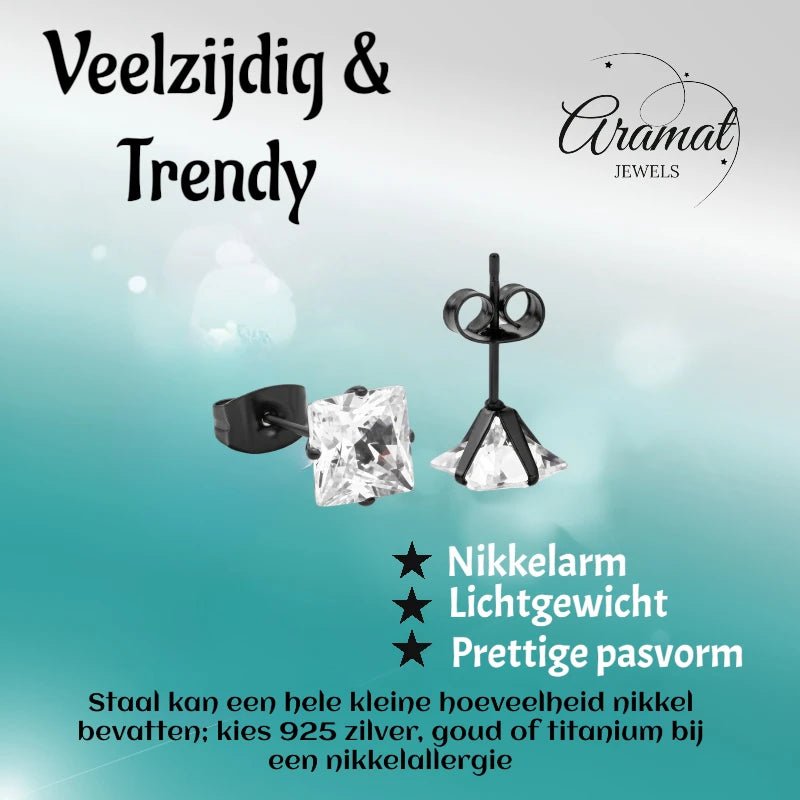 Oorbellen – RVS Zwartkleur met Vierkante Zirkonia (7mm) - Aramat Jewels - Oorbellen - cadeautip