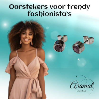 Oorbellen – Staal Licht Paarse Kristal (6mm) - Aramat Jewels - Oorbellen - cadeautip