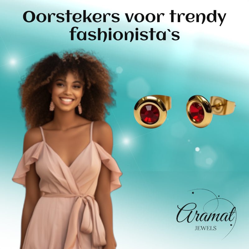 Oorbellen – Staal Rode Kristal Goudkleurig (8mm) - Aramat Jewels - Oorbellen - cadeautip