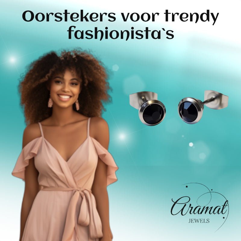 Oorbellen – Staal Zwarte Kristal Zilverkleurig (6mm) - Aramat Jewels - Oorbellen - cadeautip