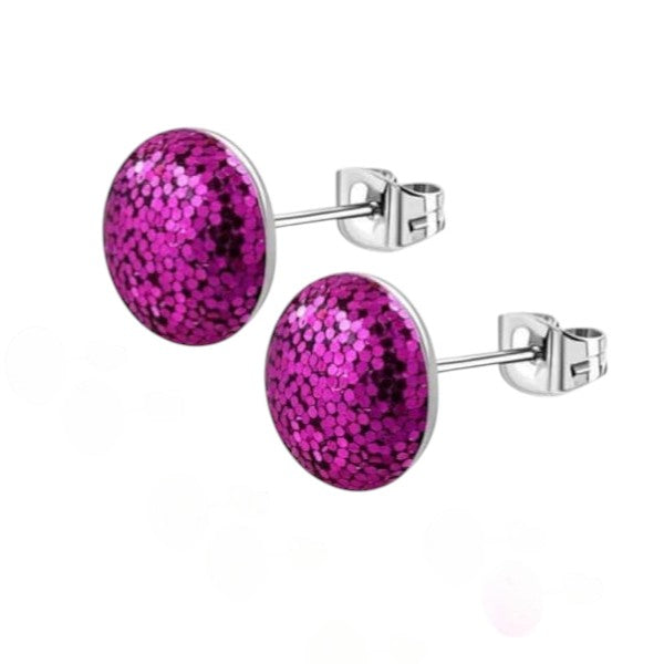 Stainless Steel Glitter Earrings 8mm Various Colors - Sparkling Stud Earrings