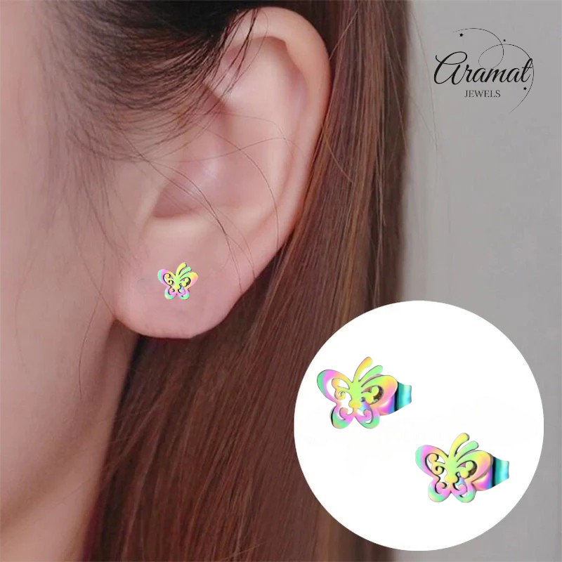 Butterfly stud earrings multi-coloured steel – 8x9mm open