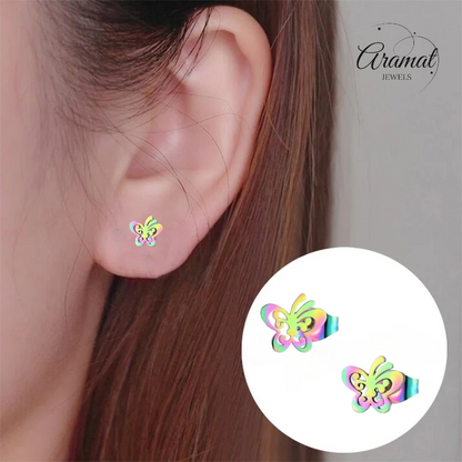 Butterfly stud earrings multi-coloured steel – 8x9mm open