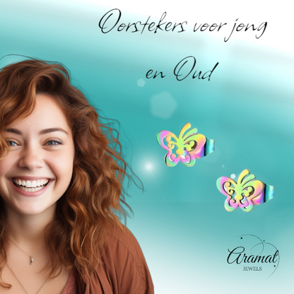 Butterfly stud earrings multi-coloured steel – 8x9mm open