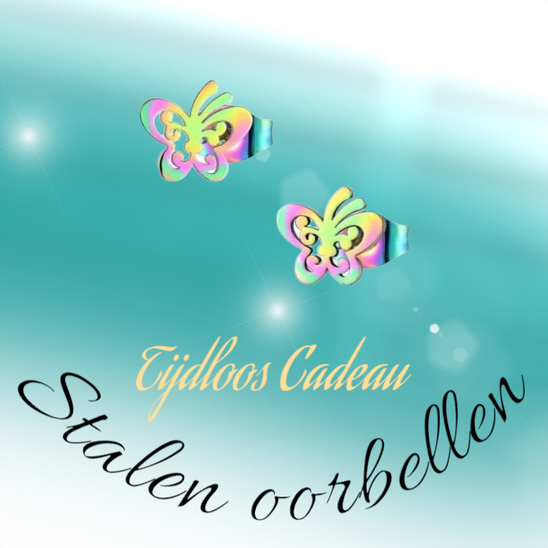 Butterfly stud earrings multi-coloured steel – 8x9mm open