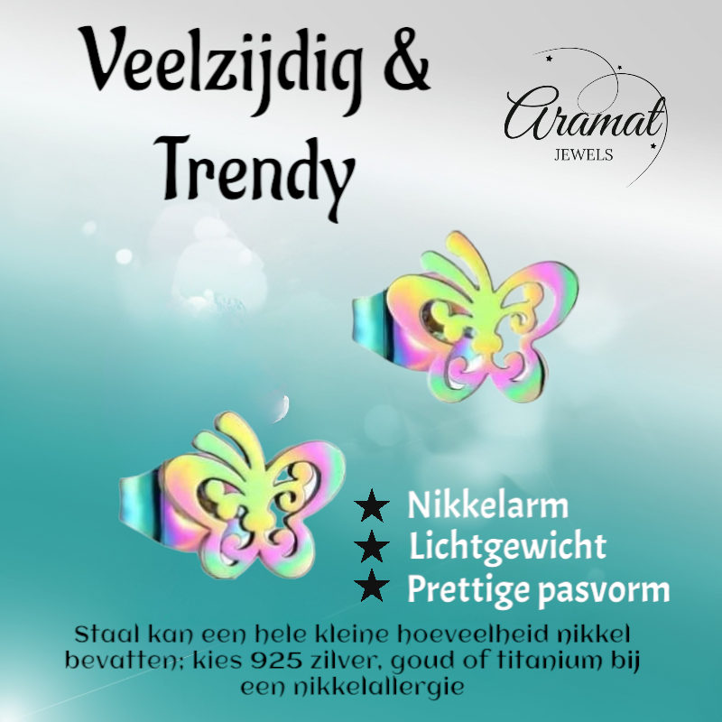 Butterfly stud earrings multi-coloured steel – 8x9mm open