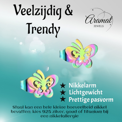 Butterfly stud earrings multi-coloured steel – 8x9mm open