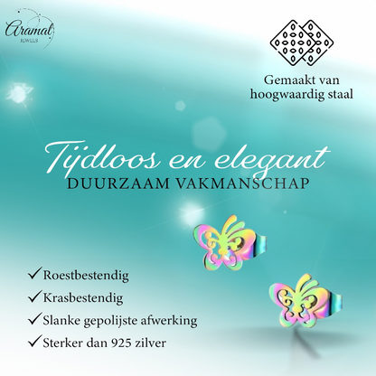 Butterfly stud earrings multi-coloured steel – 8x9mm open