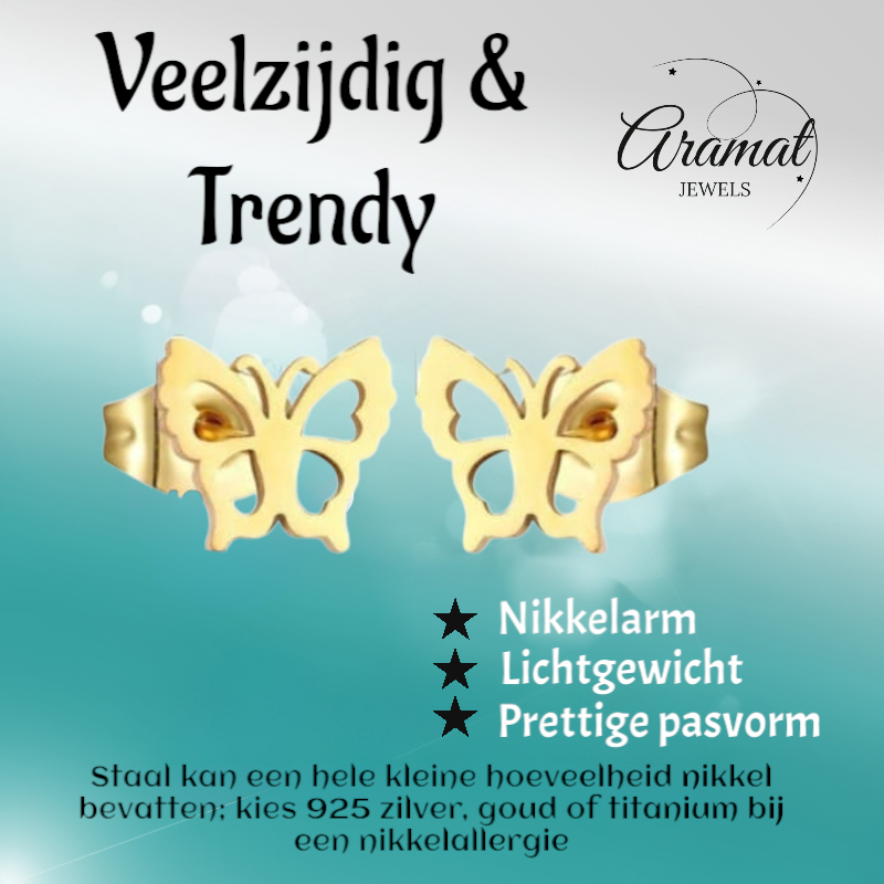 Gold-colored butterfly ear studs 9 mm