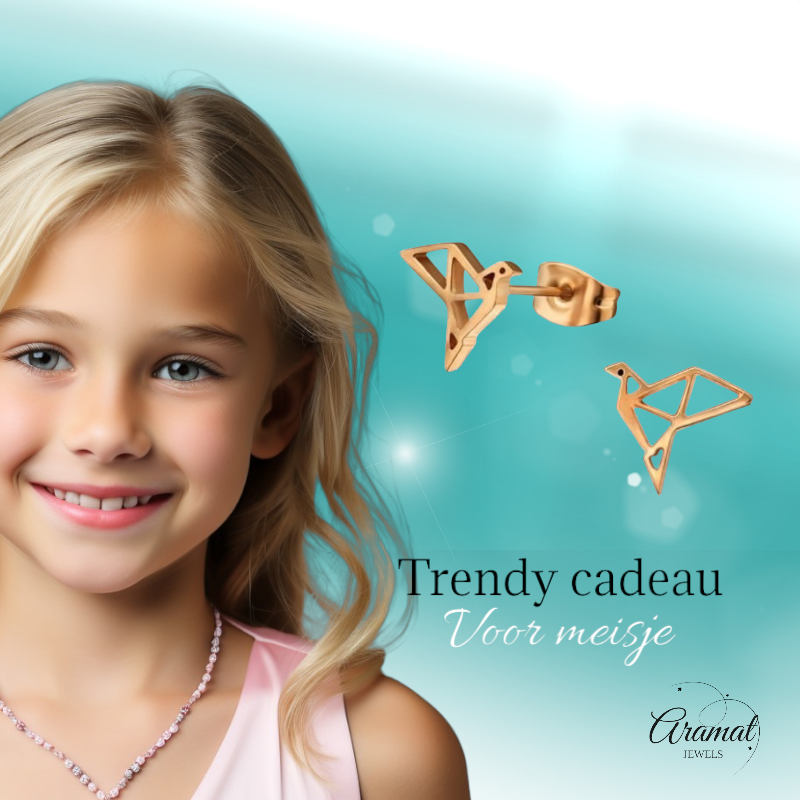 Stainless Steel Origami Bird Earrings Rose Gold 9mm - Folded Birds