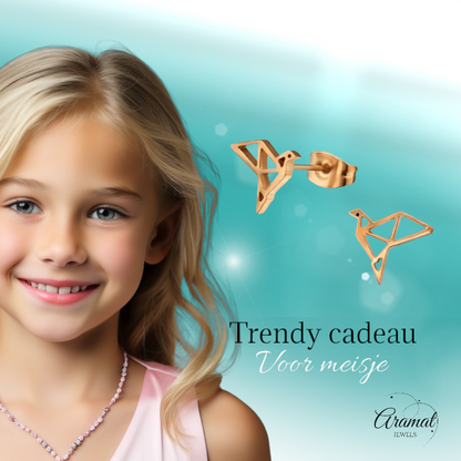 Stainless Steel Origami Bird Earrings Rose Gold 9mm - Folded Birds