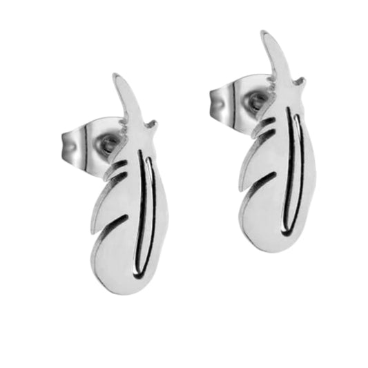 Boucles d'oreilles en acier, motif plumes, couleur argent – ​​9 x 3 mm