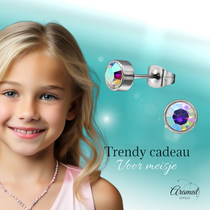 Boucles d'oreilles puces en cristal multicolore AB – 5 mm en acier inoxydable argenté