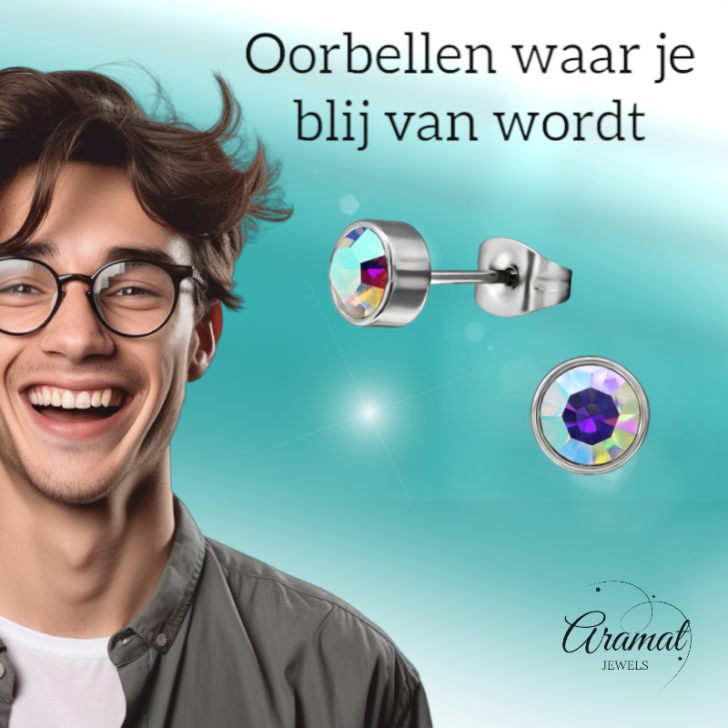 Boucles d'oreilles puces en cristal multicolore AB – 5 mm en acier inoxydable argenté