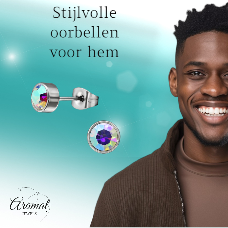 Boucles d'oreilles puces en cristal multicolore AB – 5 mm en acier inoxydable argenté