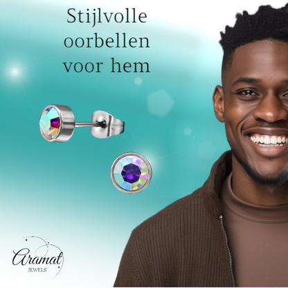 Boucles d'oreilles puces en cristal multicolore AB – 5 mm en acier inoxydable argenté