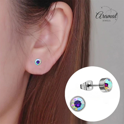 Boucles d'oreilles puces en cristal multicolore AB – 5 mm en acier inoxydable argenté