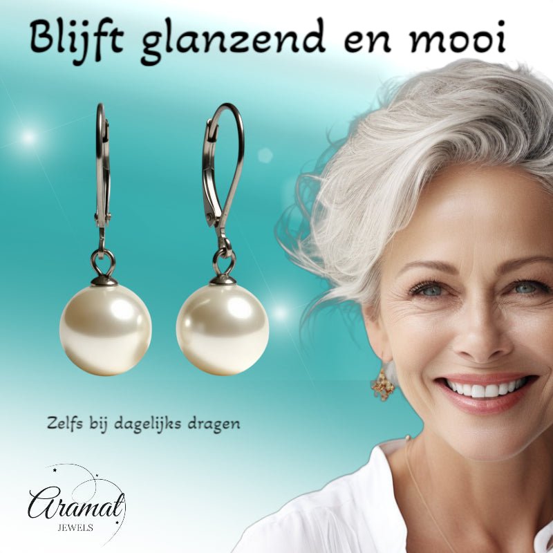 Oorhangers – RVS met Ronde Witte Parel (27mm) - Aramat Jewels - Oorhangers - cadeautip