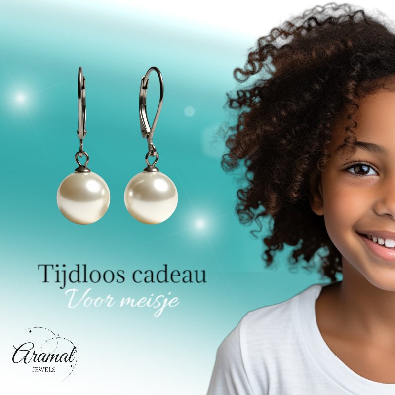 Oorhangers – RVS met Ronde Witte Parel (27mm) - Aramat Jewels - Oorhangers - cadeautip