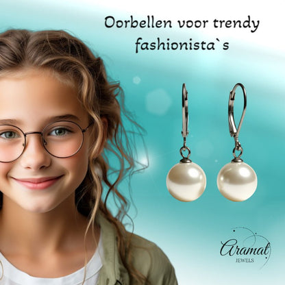 Oorhangers – RVS met Ronde Witte Parel (27mm) - Aramat Jewels - Oorhangers - cadeautip