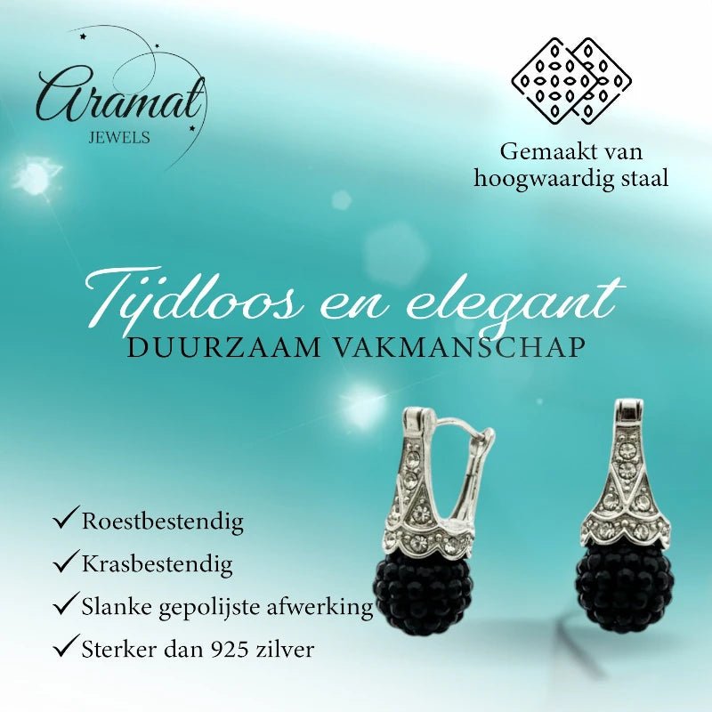 Oorhangers – Zwarte Kristal Bol met Transparante Kristallen RVS Dames - Aramat Jewels - Oorbellen - cadeautip