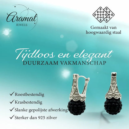Oorhangers – Zwarte Kristal Bol met Transparante Kristallen RVS Dames - Aramat Jewels - Oorbellen - cadeautip