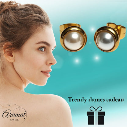 Oorknopjes – Parel Wit Goudkleurig (8mm) - Aramat Jewels - Oorbellen - cadeautip