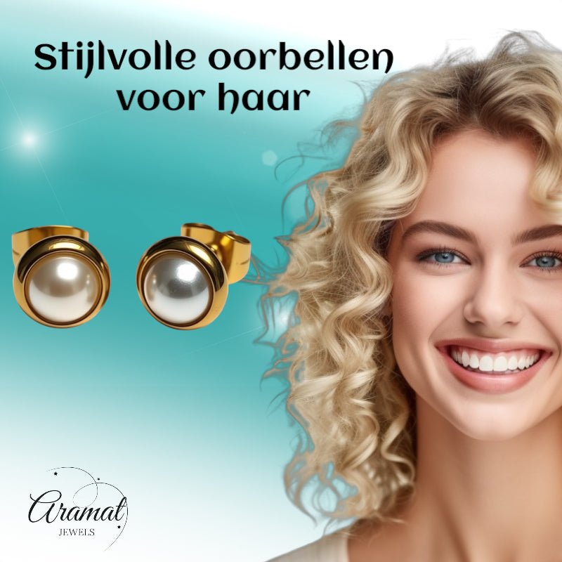 Oorknopjes – Parel Wit Goudkleurig (8mm) - Aramat Jewels - Oorbellen - cadeautip