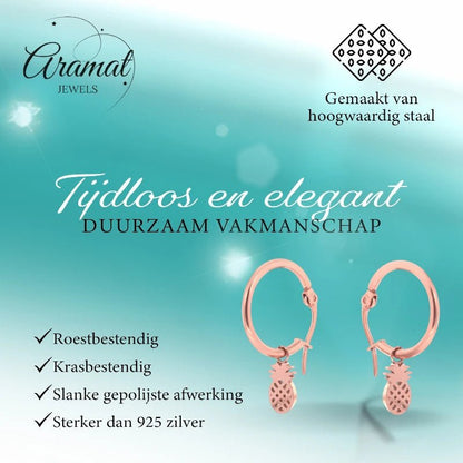 Oorringen – 16mm Creolen met Ananas Bedel RVS Rosékleur Dames - Aramat Jewels - Oorringen - cadeautip