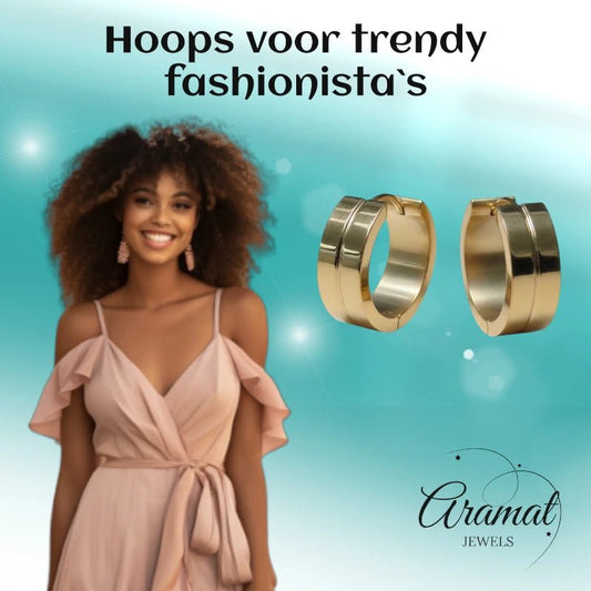 Oorringen – 20mm Creolen met Smalle Lijn RVS Goudkleur Unisex - Aramat Jewels - Oorringen - cadeautip
