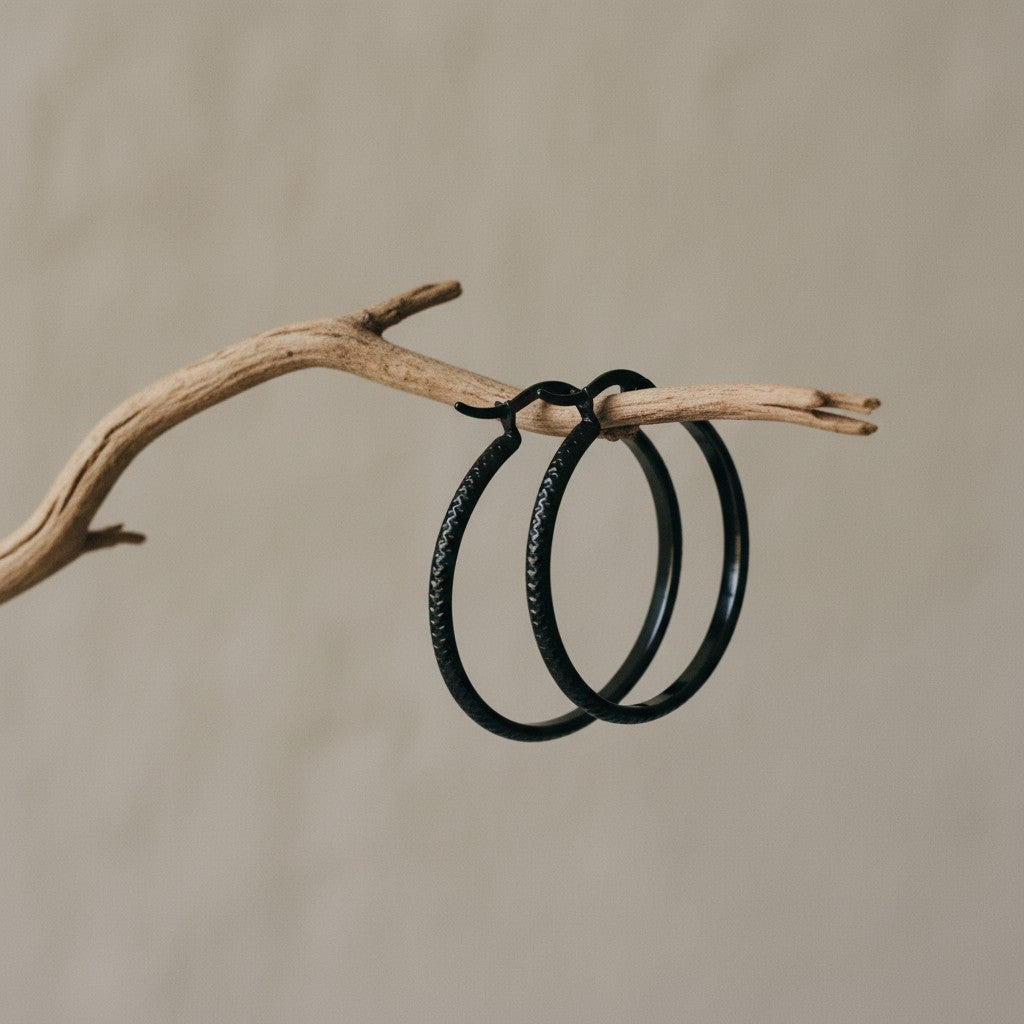 Boucles d'oreilles – 25 mm, motif à pois créoles, acier inoxydable noir, femme