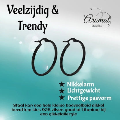 Oorringen – 25mm Creool Puntjes Patroon RVS Zwart Dames - Aramat Jewels - Oorringen - cadeautip