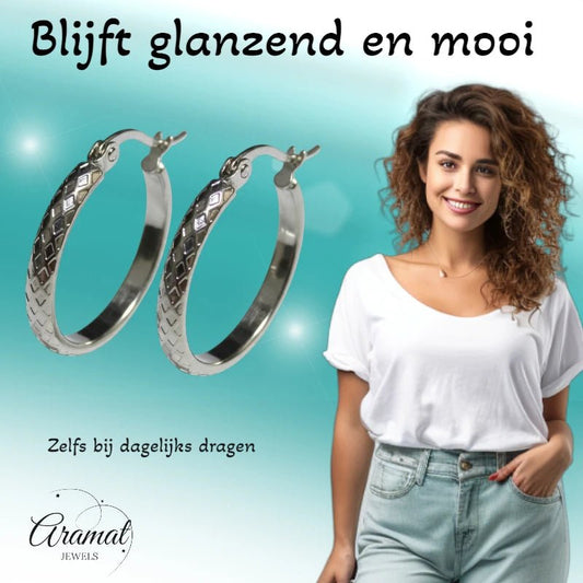 Oorringen – 25mm Creool Ruitjes Patroon RVS Zilverkleur Dames - Aramat Jewels - Oorringen - cadeautip