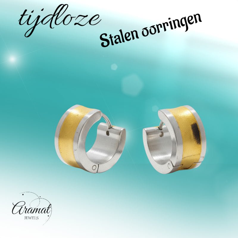 Oorringen – Bicolor RVS met Brede Goudkleurige Streep (13mm) - Aramat Jewels - Oorringen - cadeautip